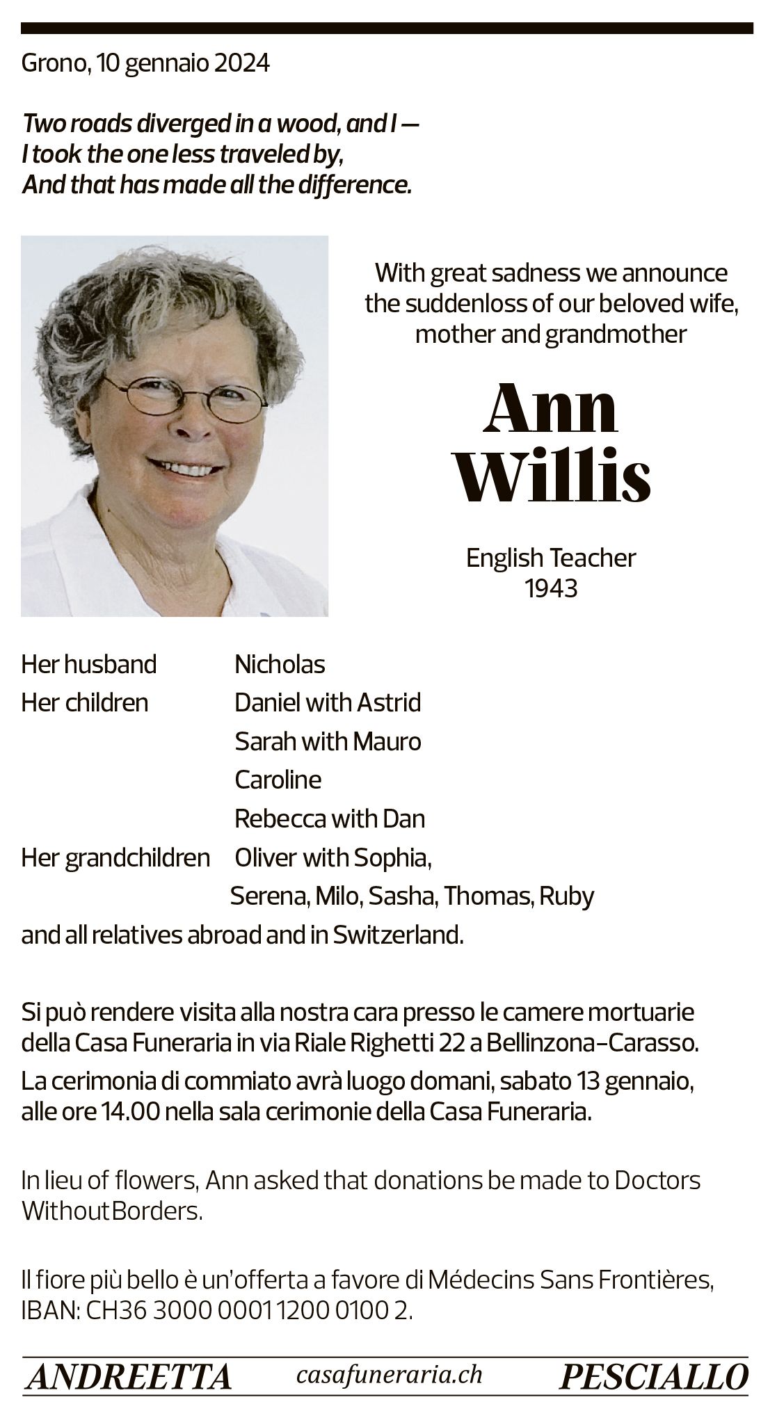 Annuncio funebre Ann Willis