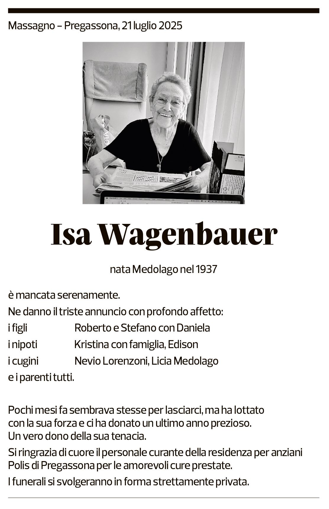 Annuncio funebre Isa Wagenbauer