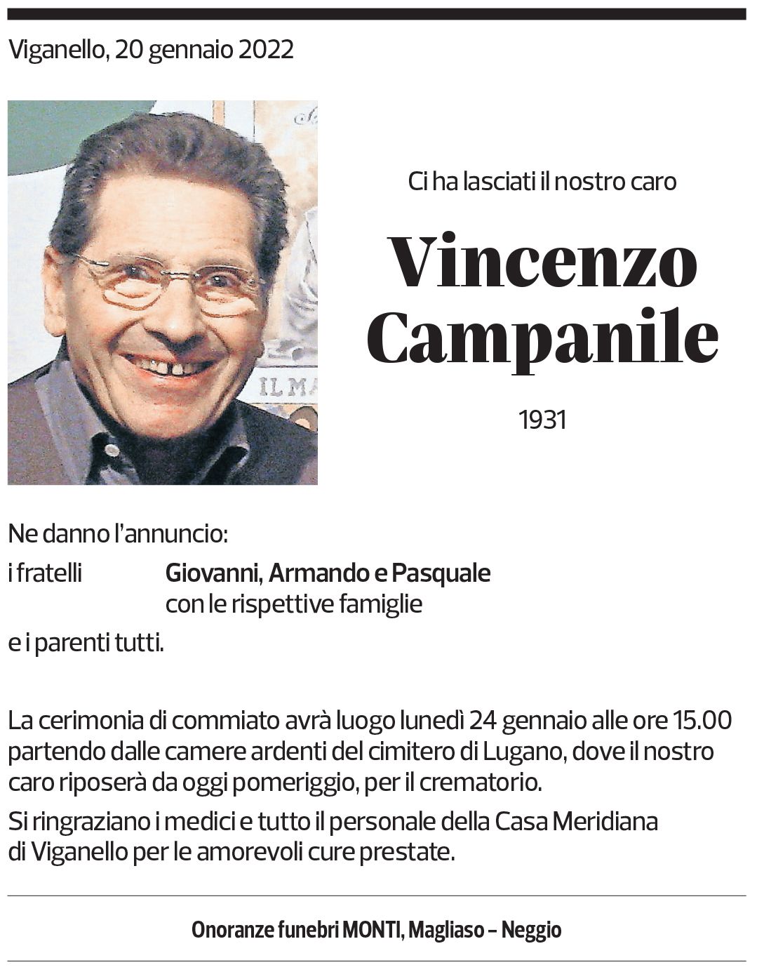 Annuncio funebre Vincenzo Campanile