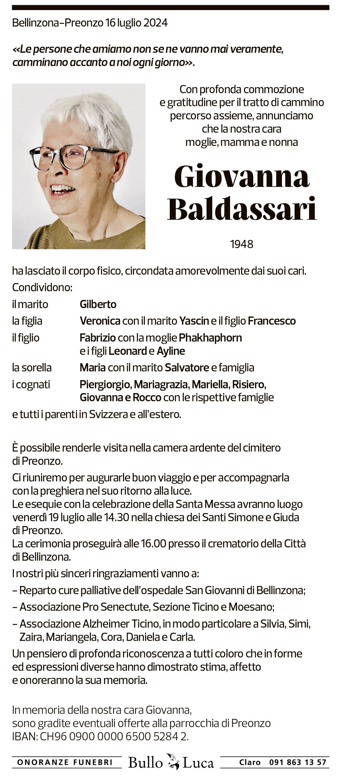 Annuncio funebre Giovanna Baldassari