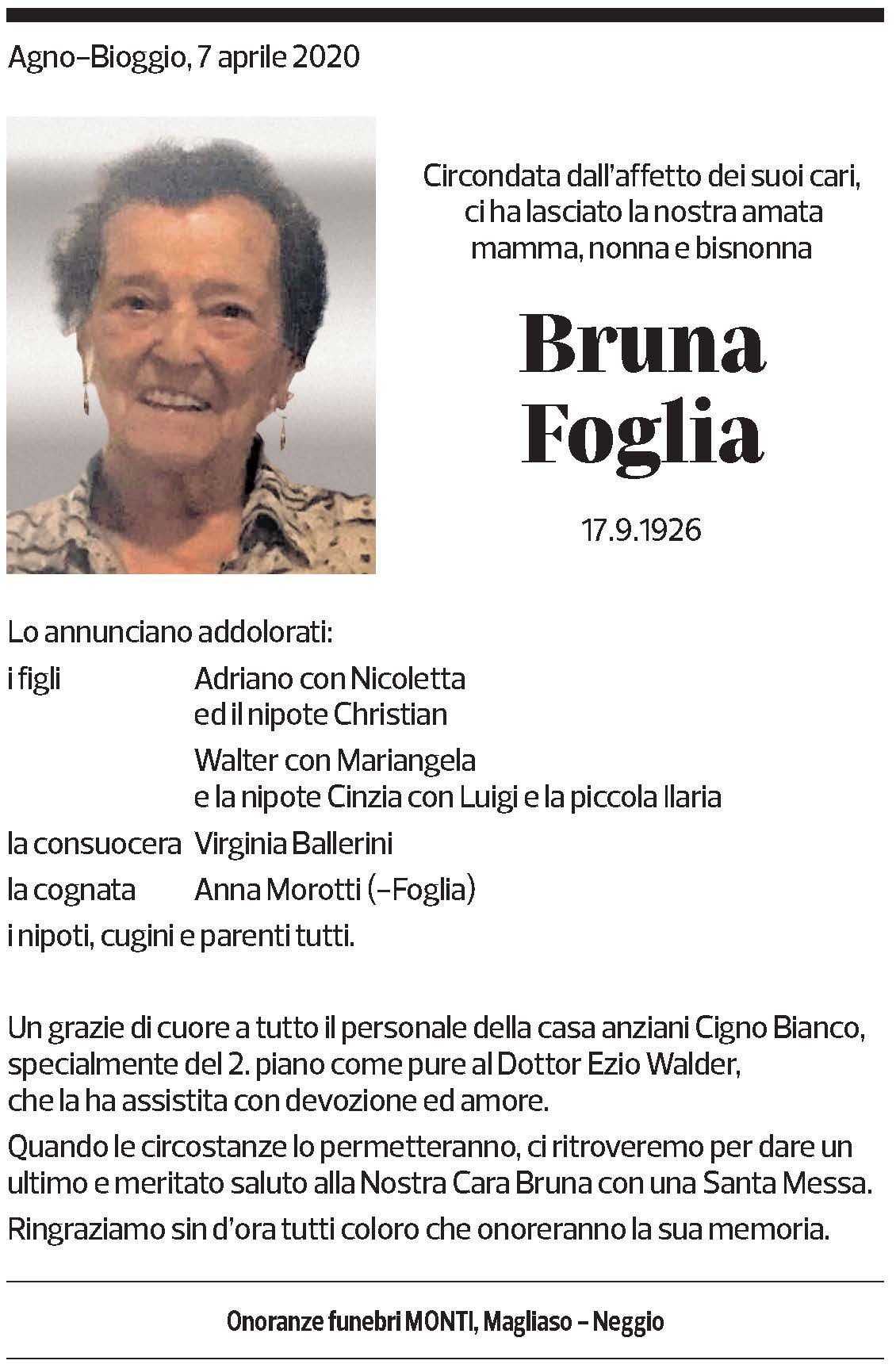 Annuncio funebre Bruna Foglia