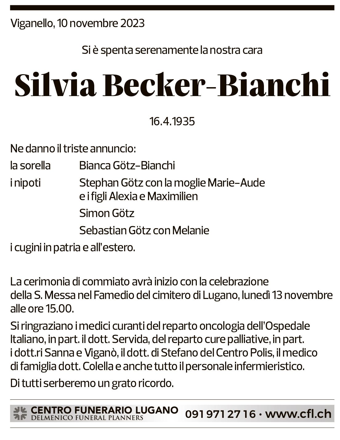 Annuncio funebre Silvia Becker-bianchi