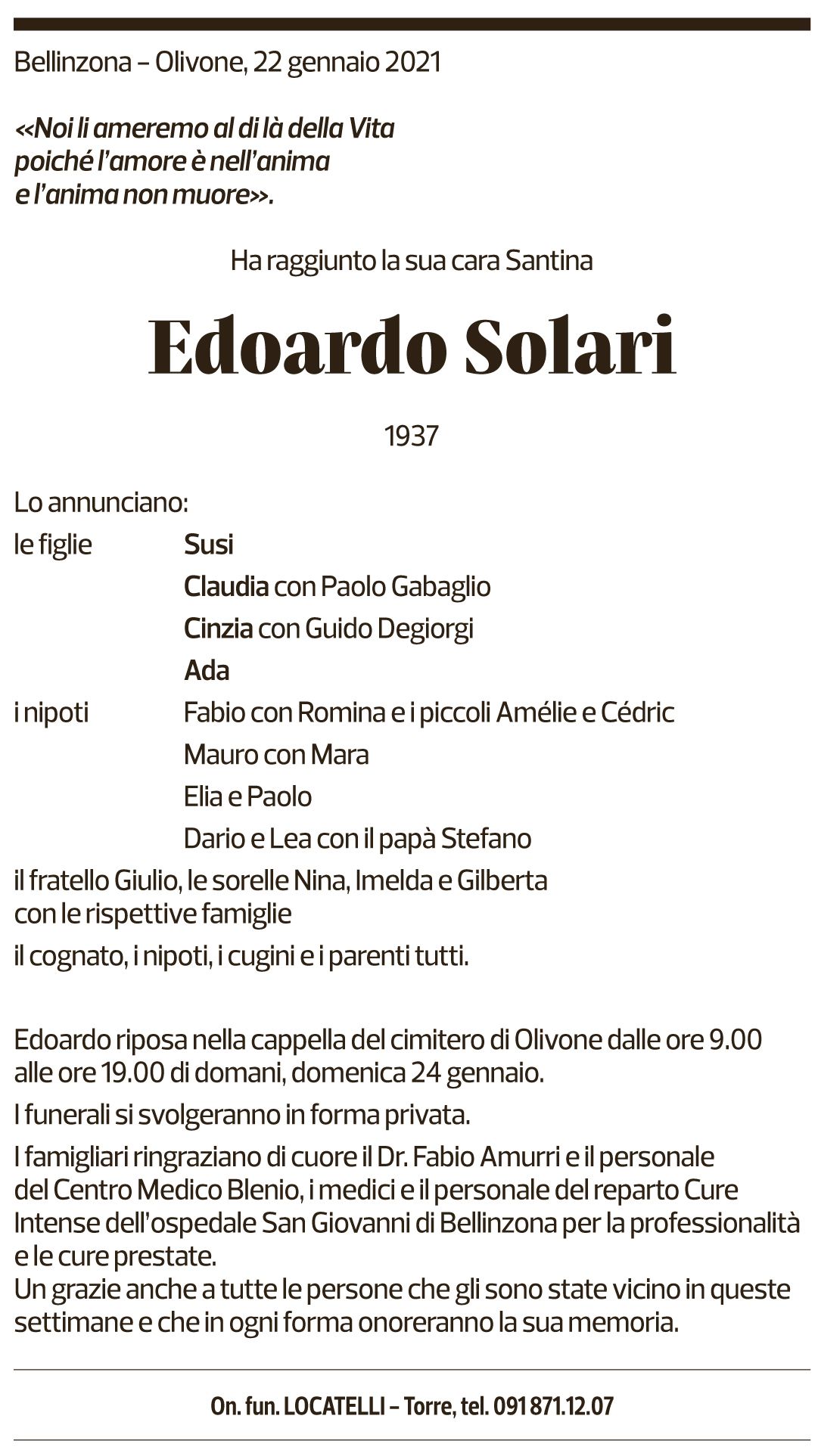 Annuncio funebre Edoardo Solari