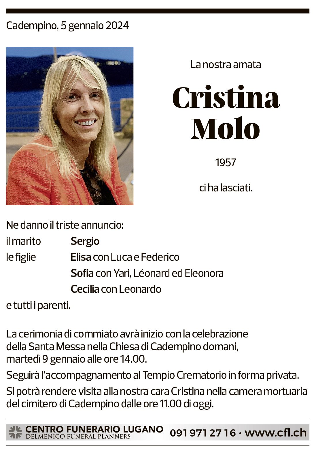 Annuncio funebre Cristina Molo