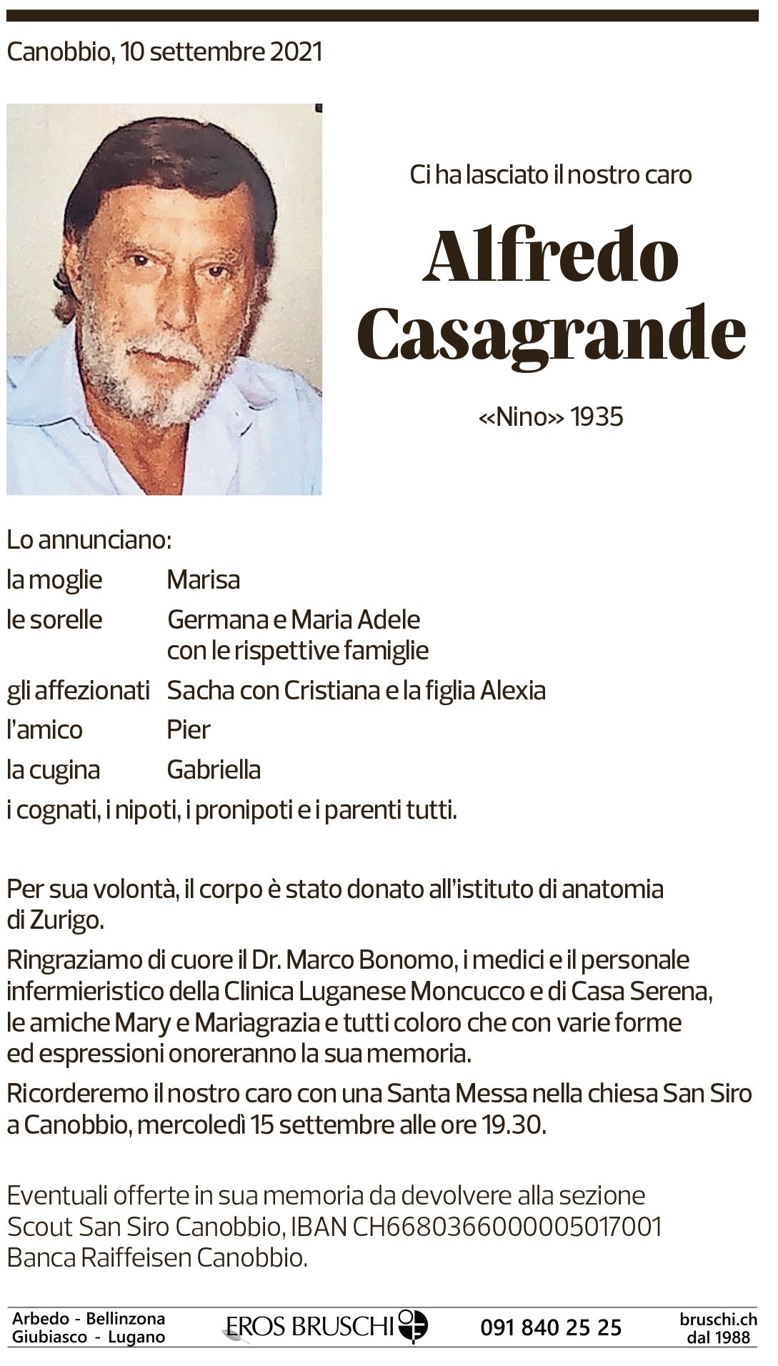 Annuncio funebre Alfredo Casagrande