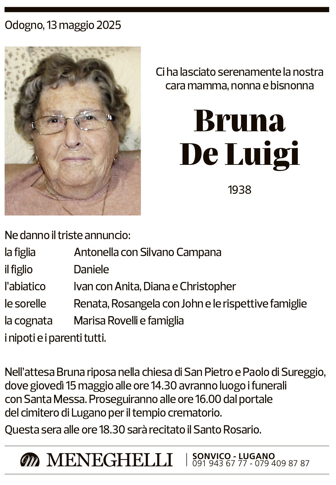Annuncio funebre Bruna De Luigi