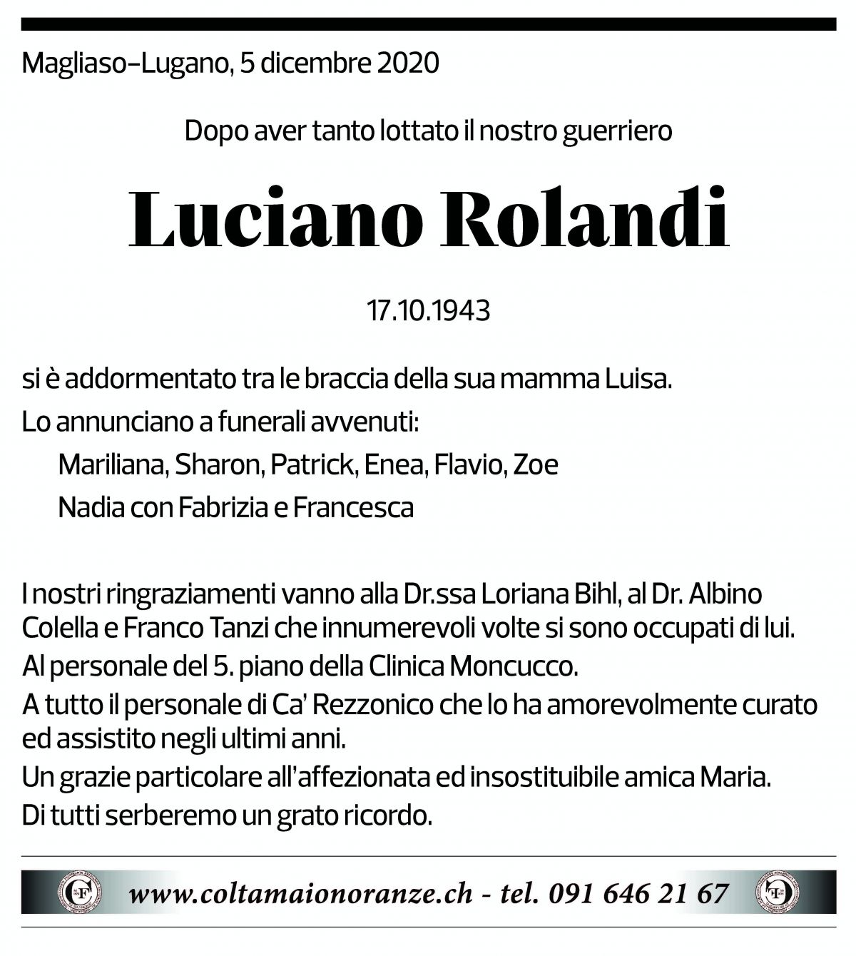 Annuncio funebre Luciano Rolandi