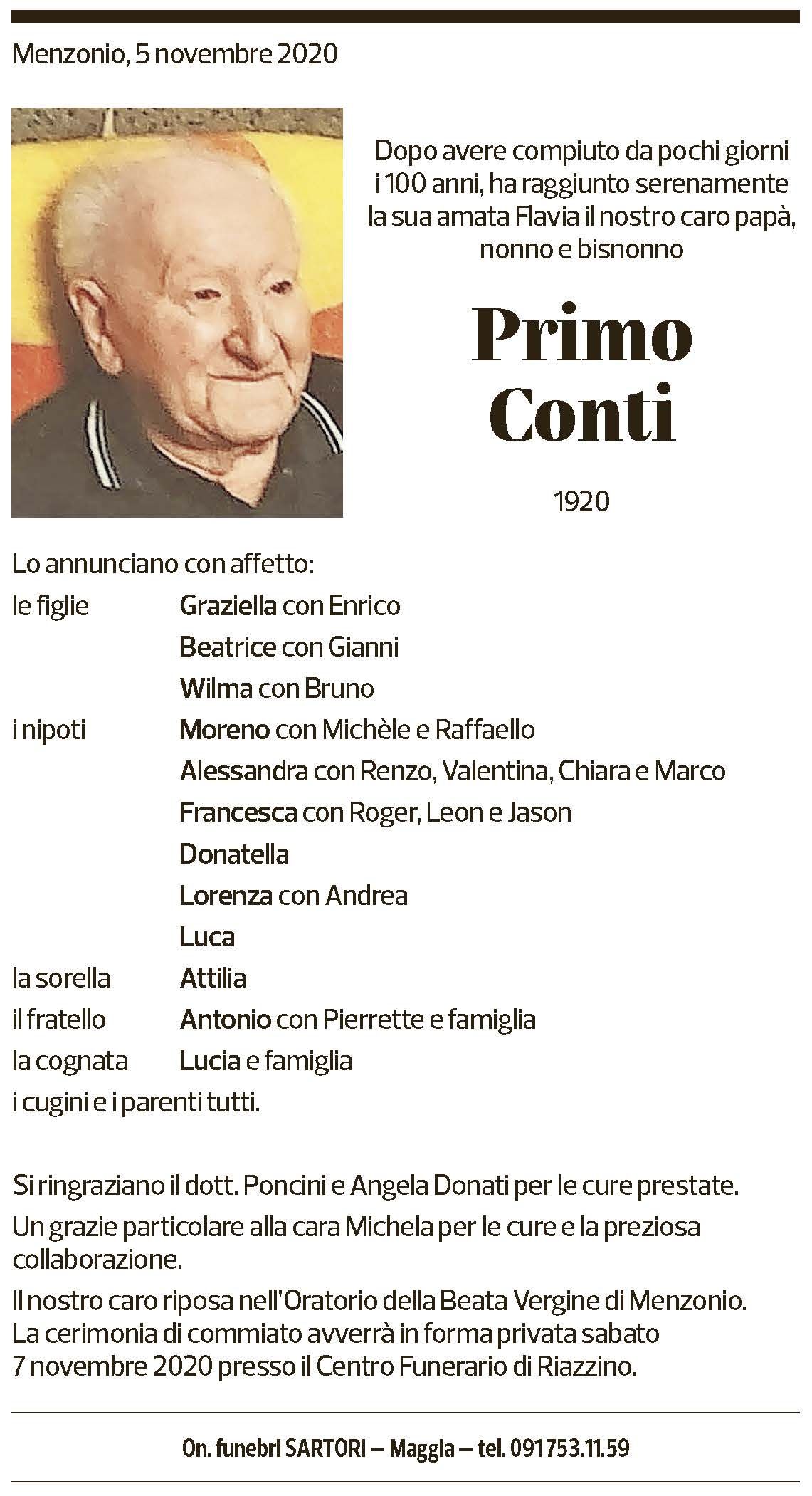 Annuncio funebre Primo Conti