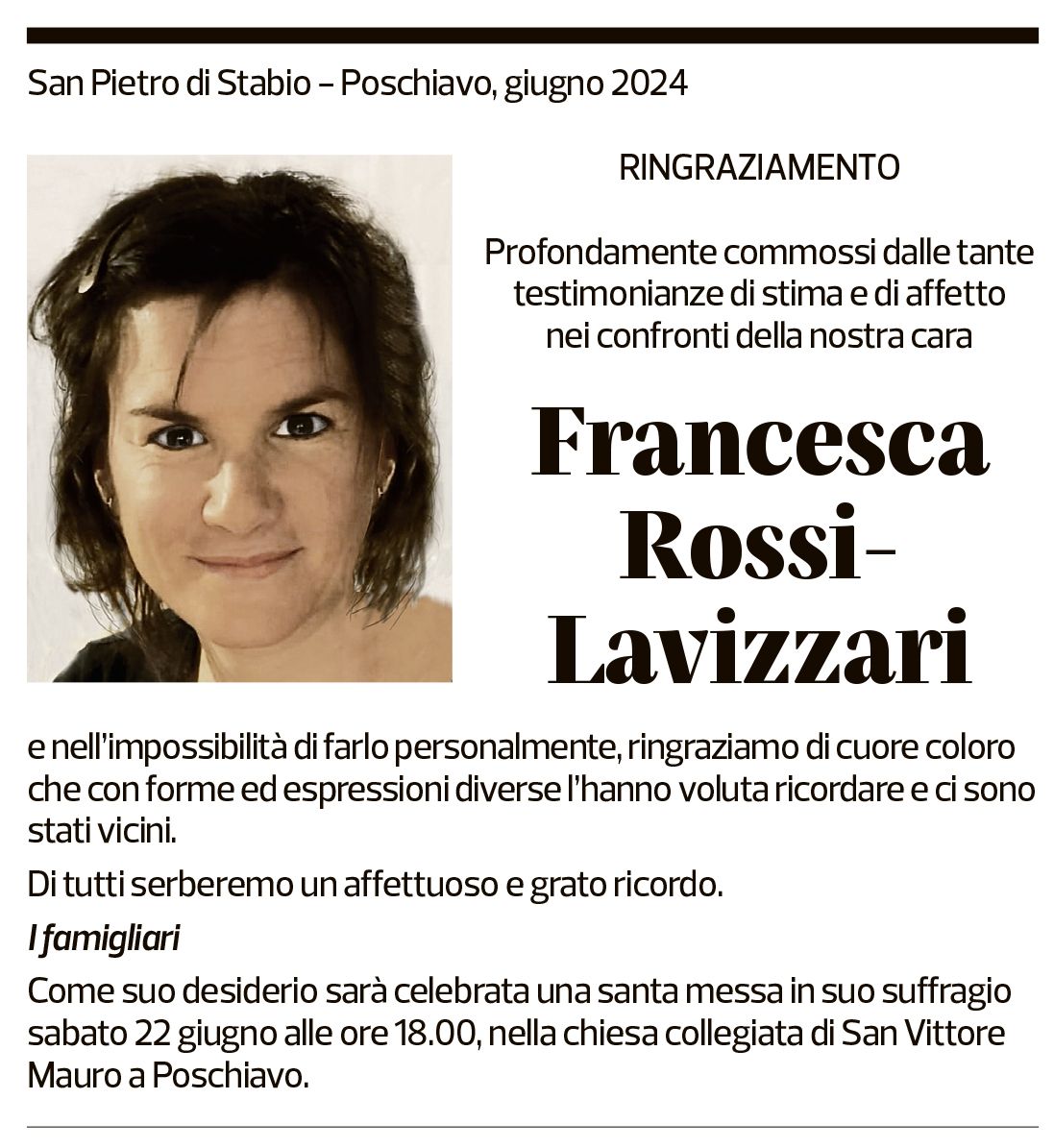 Annuncio funebre Francesca Rossi-lavizzari