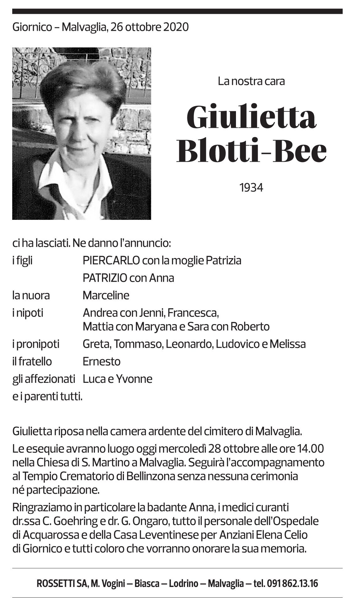 Annuncio funebre Giulietta Blotti-bee