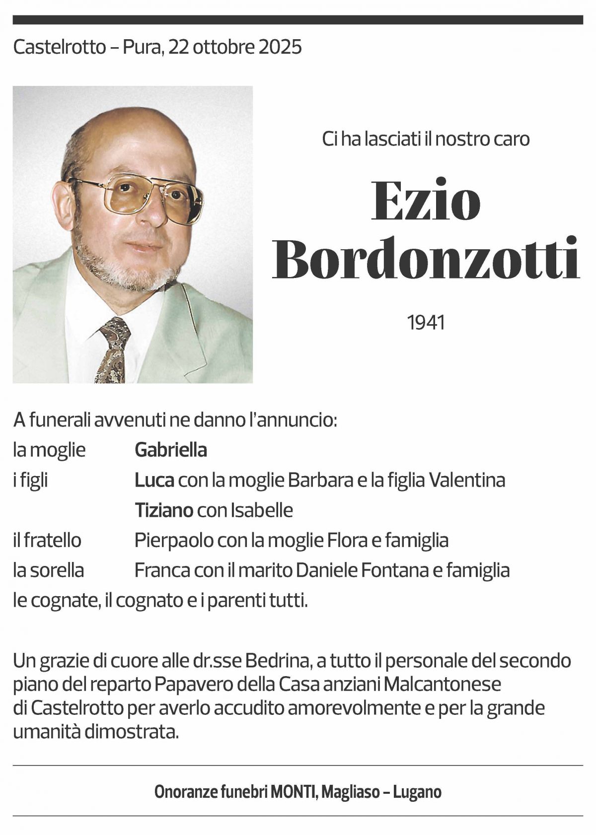 Annuncio funebre Ezio Bordonzotti