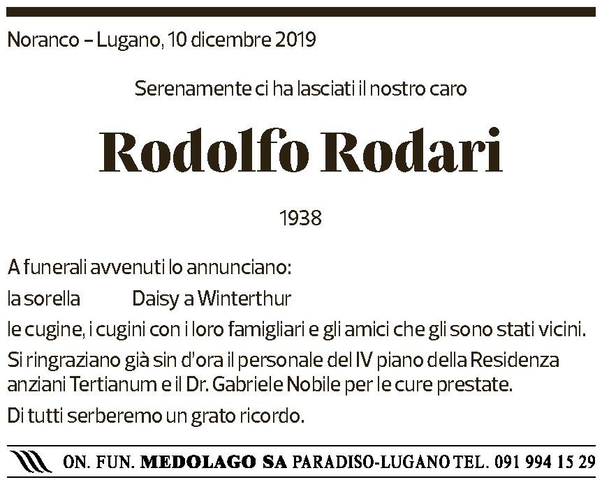 Annuncio funebre Rodolfo Rodari