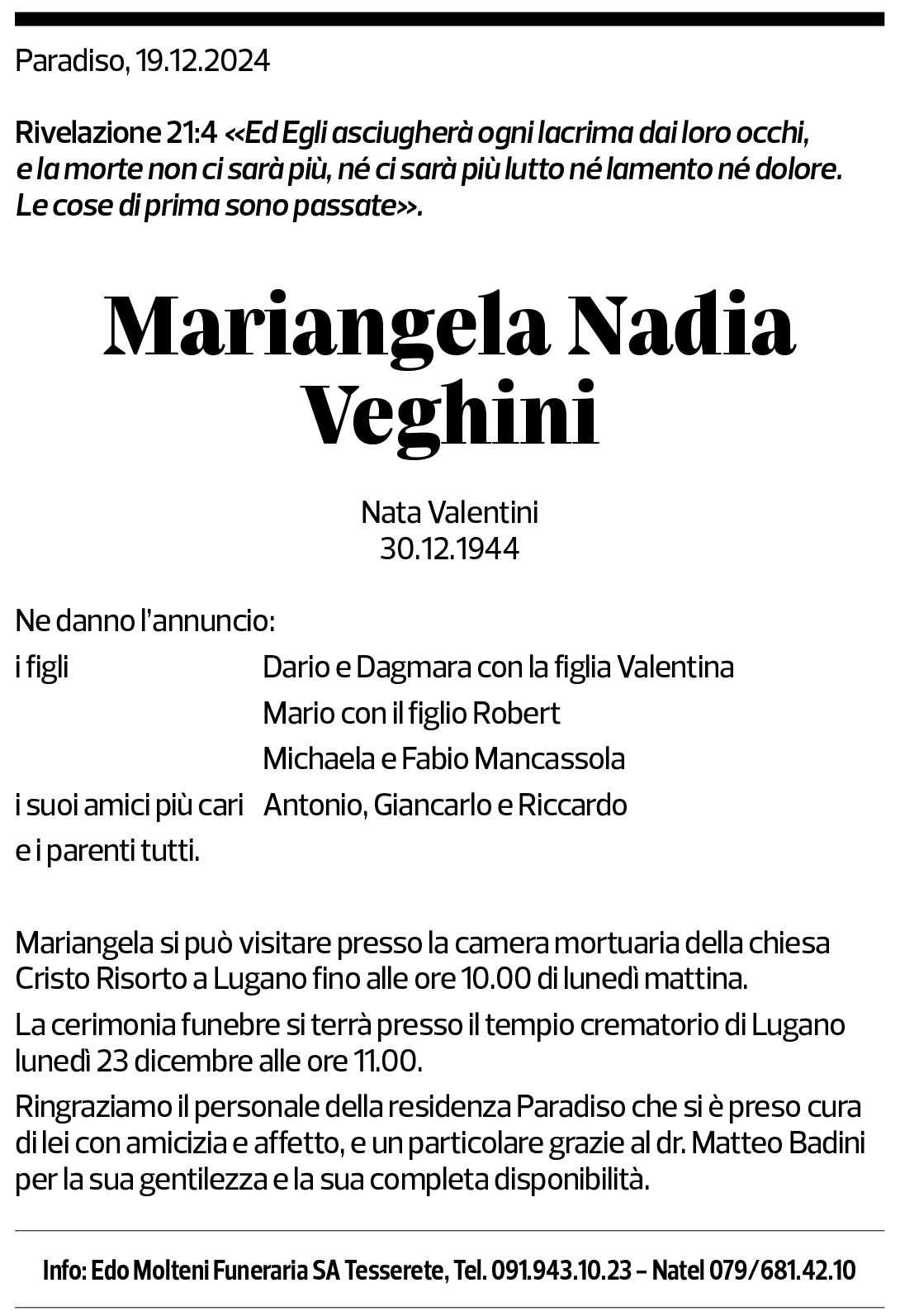 Annuncio funebre Mariangela Nadia Veghini