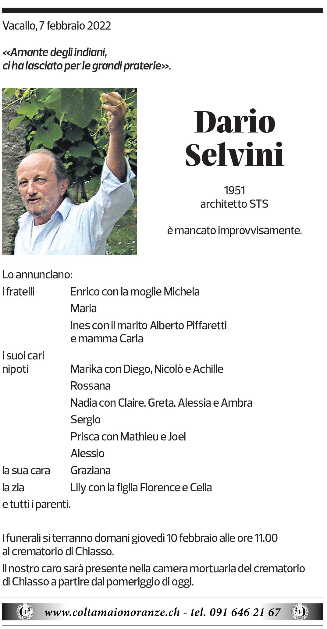 Annuncio funebre Dario Selvini