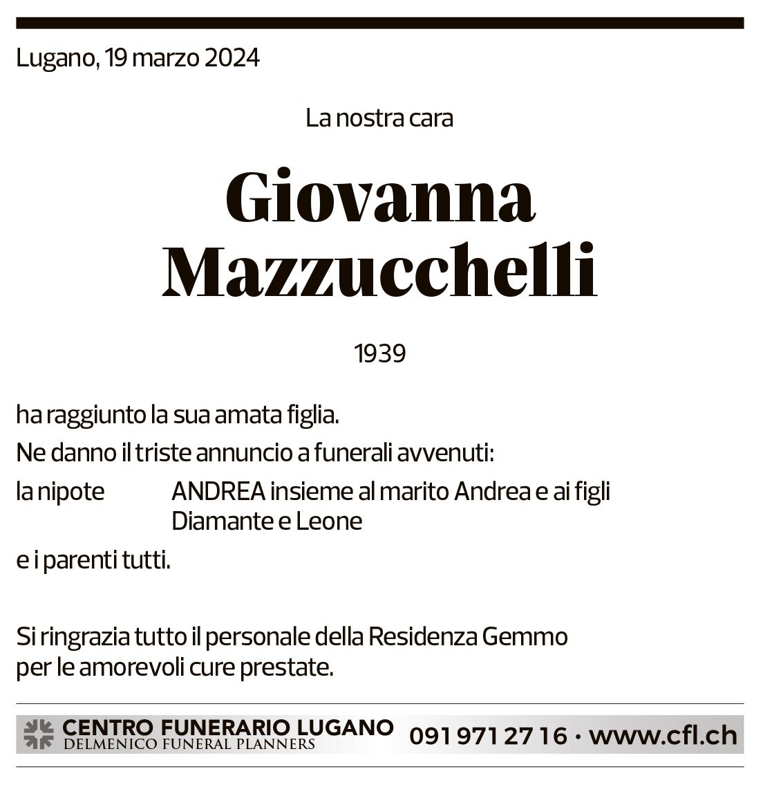 Annuncio funebre Giovanna Mazzucchelli