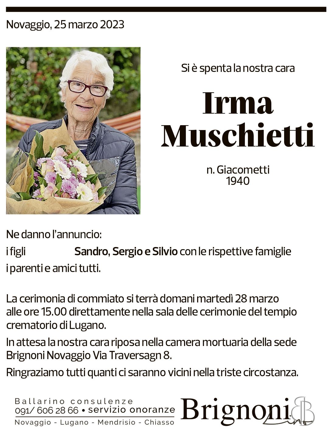 Annuncio funebre Irma Muschietti