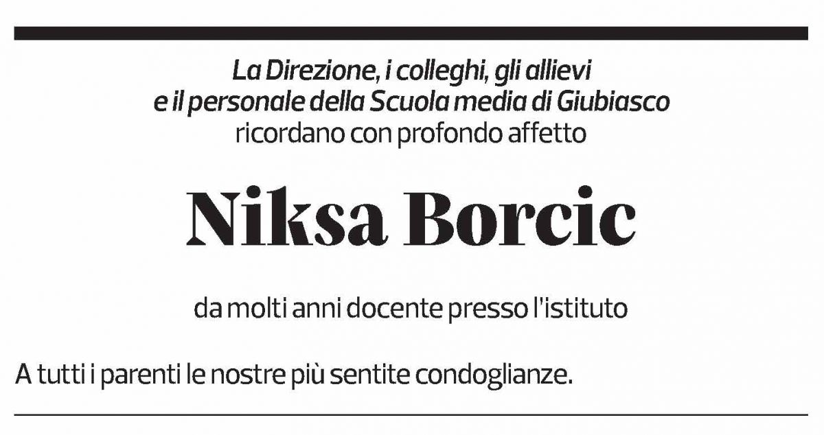 Annuncio funebre Niksa Borcic