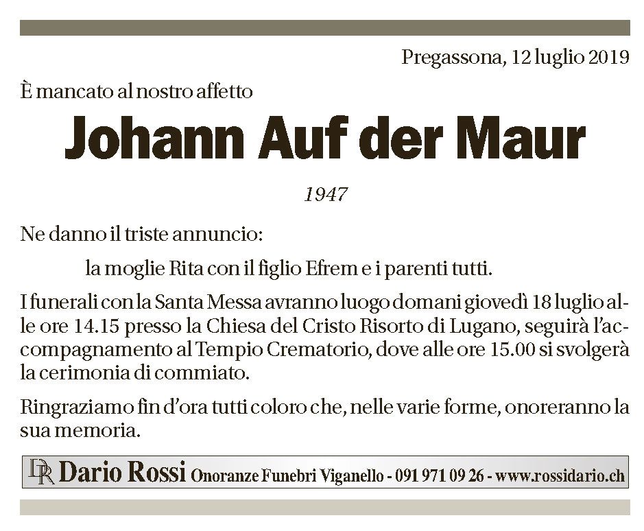 Annuncio funebre Johann Auf Der Maur