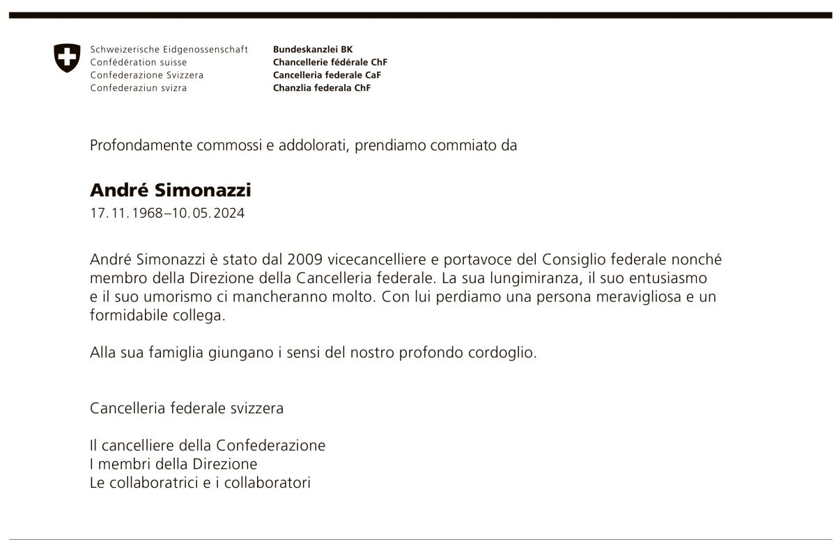 Annuncio funebre André Simonazzi