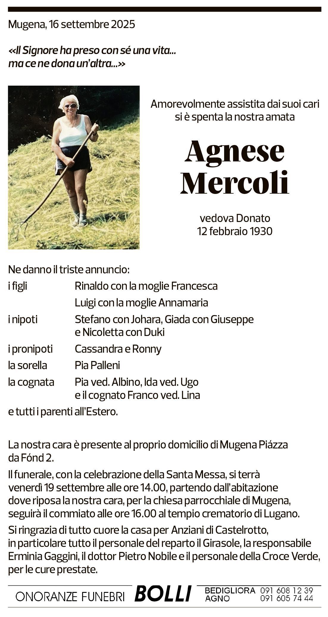 Annuncio funebre Agnese Mercoli