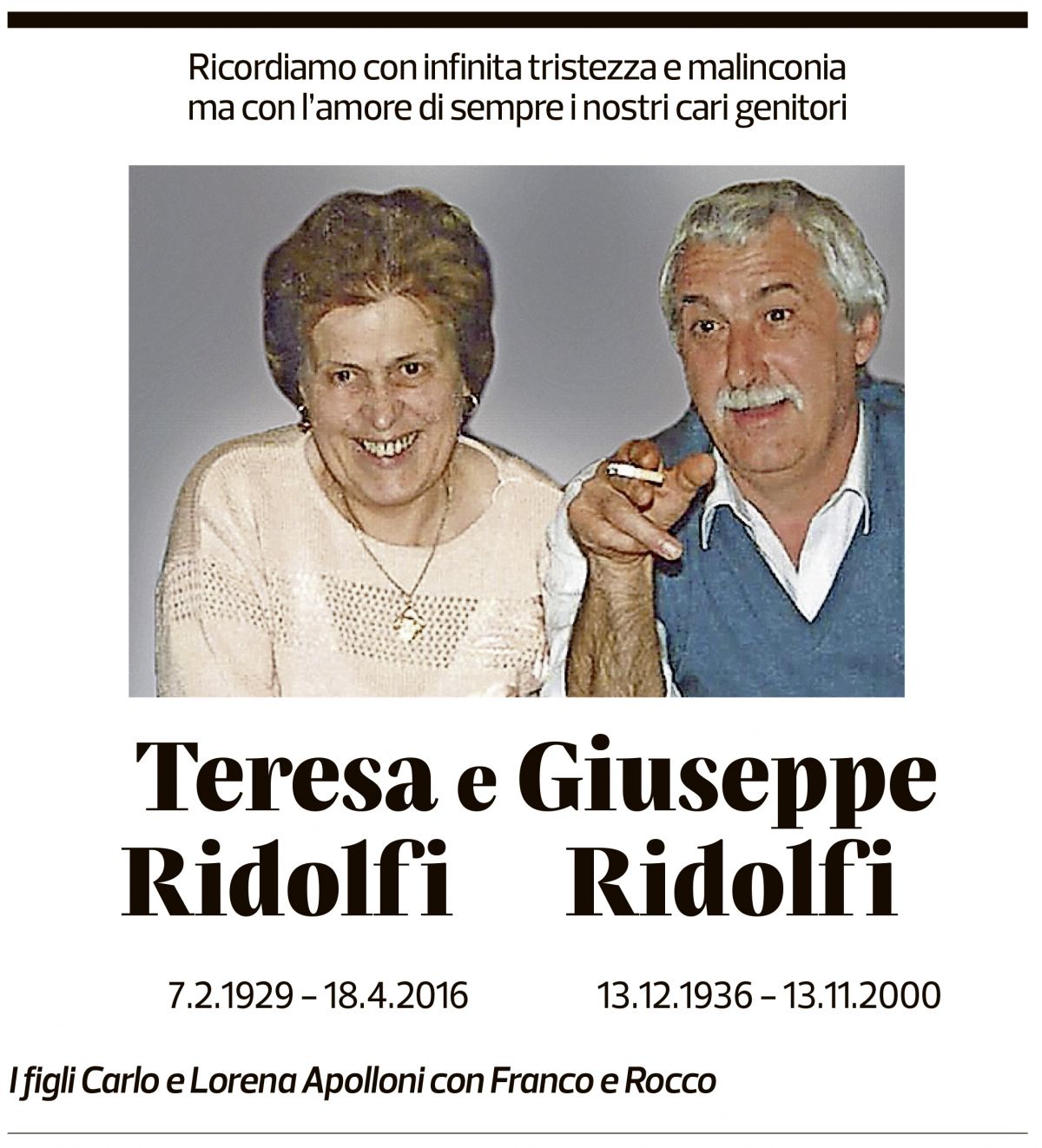 Annuncio funebre Teresa E Giuseppe Ridolfi