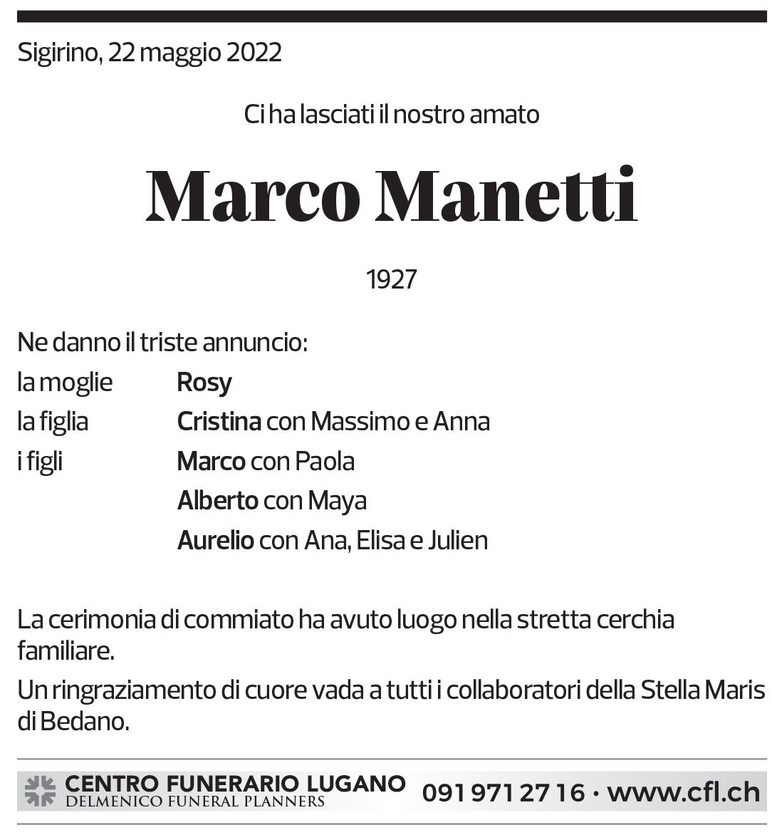 Annuncio funebre Marco Manetti