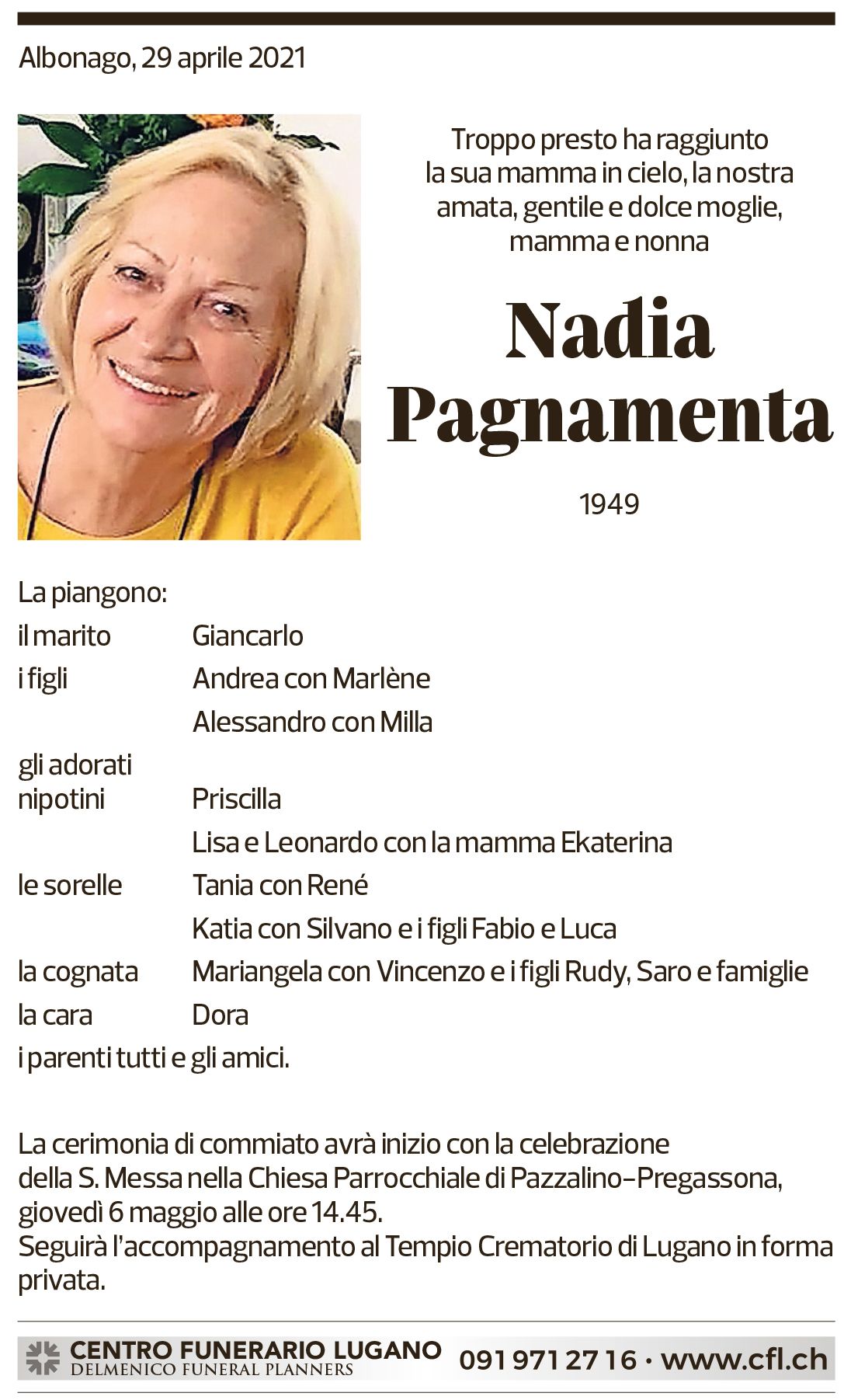 Annuncio funebre Nadia Pagnamenta