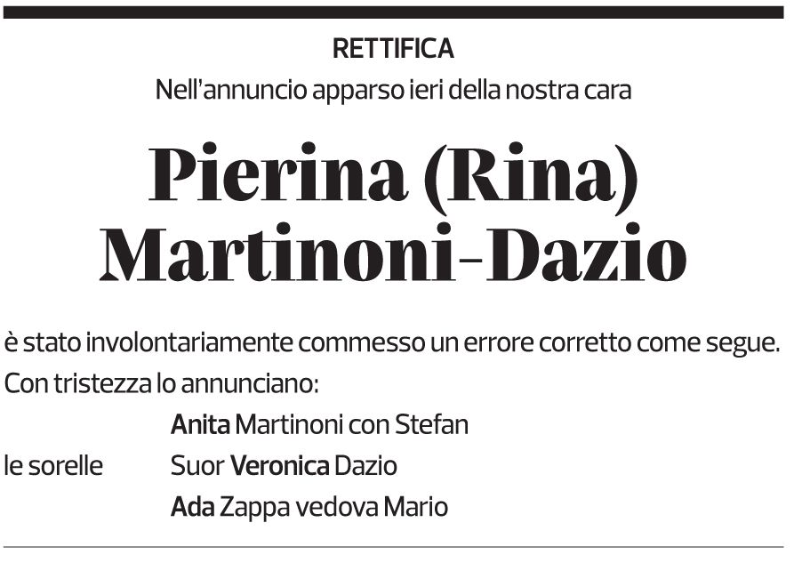 Annuncio funebre Pierina Martinoni-dazio