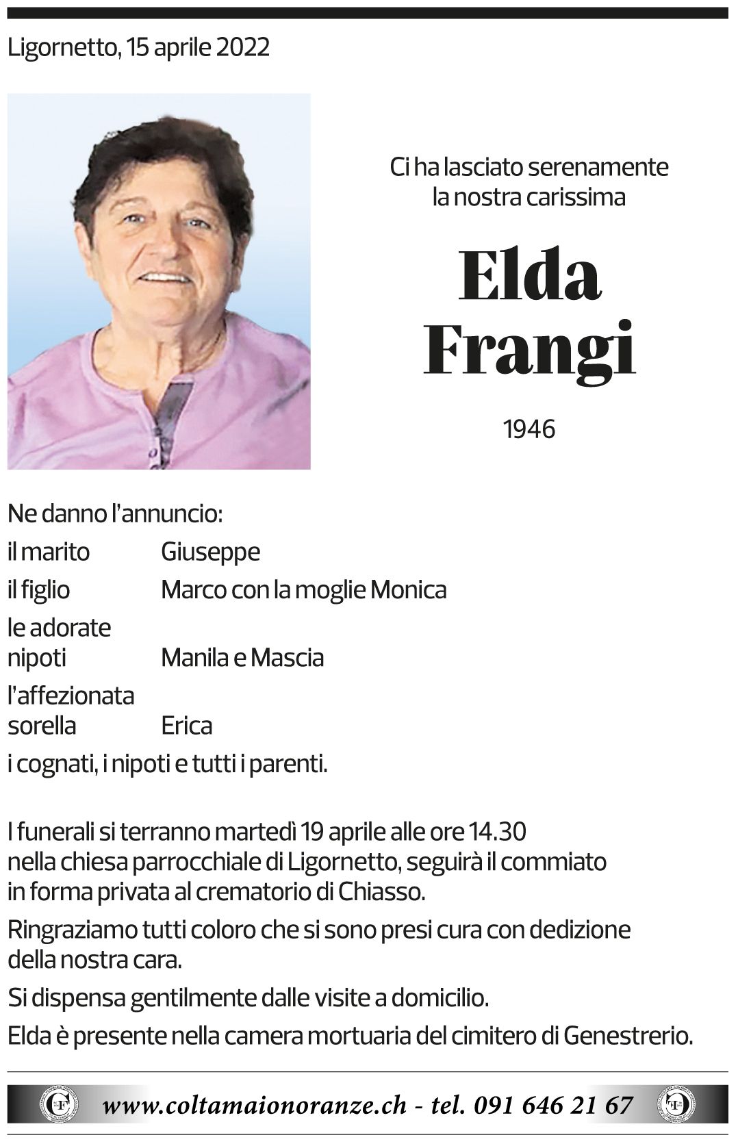 Annuncio funebre Elda Frangi