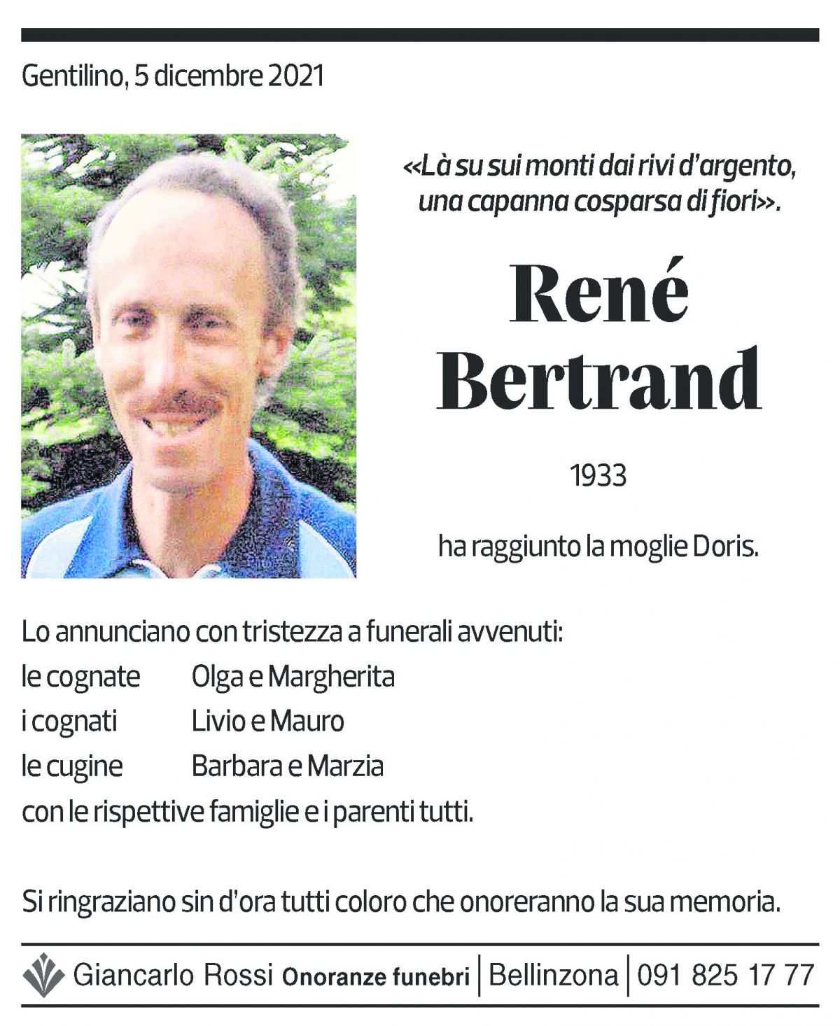 Annuncio funebre René Bertrand