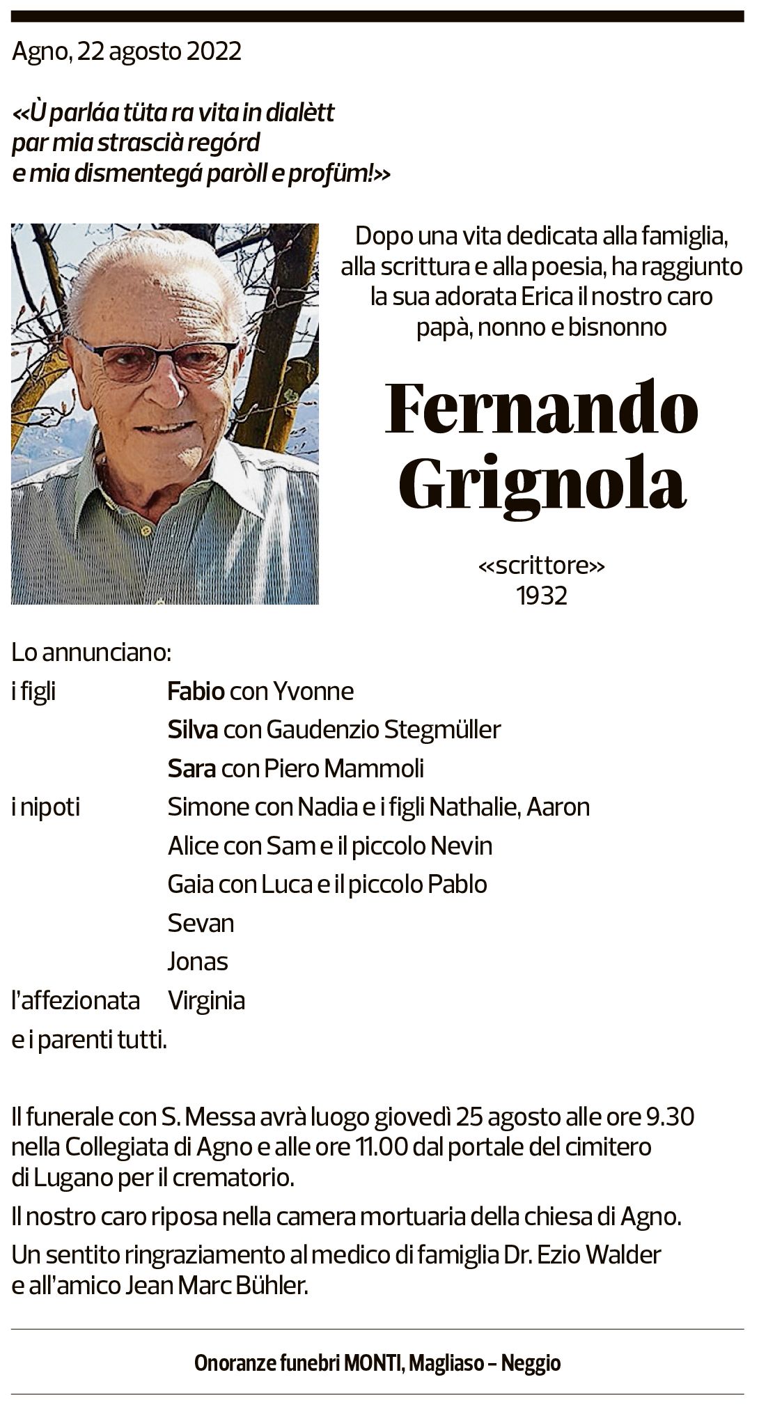 Annuncio funebre Fernando Grignola