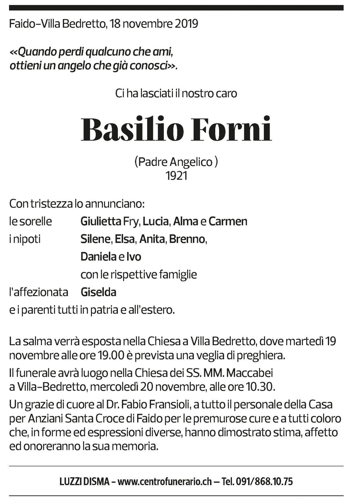 Annuncio funebre Basilio Forni