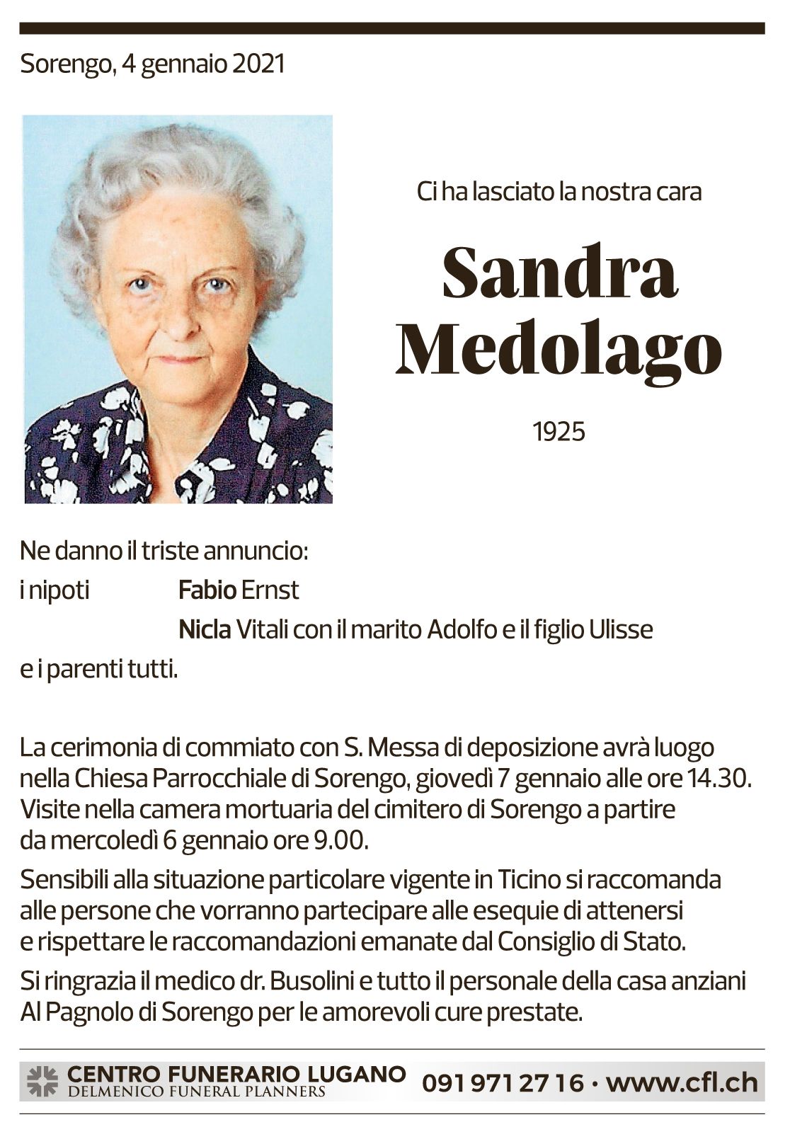 Annuncio funebre Sandra Medolago