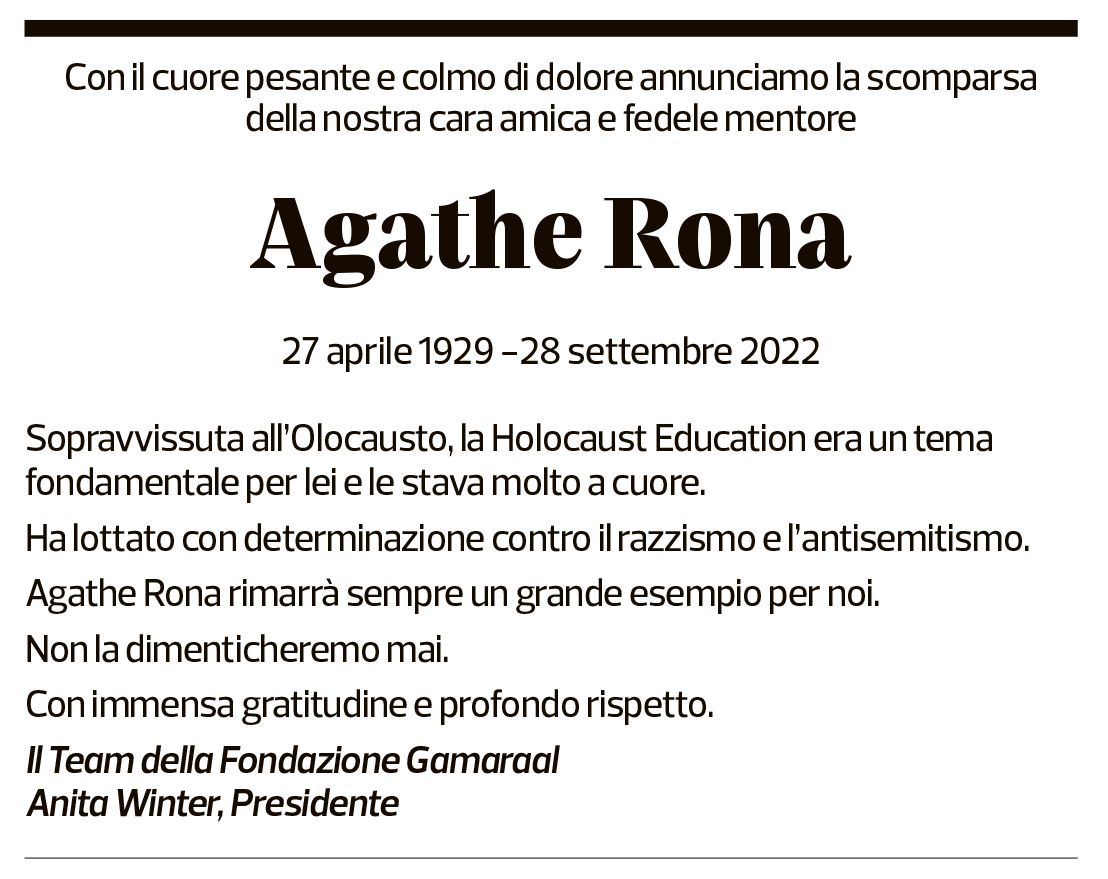 Annuncio funebre Agathe Rona