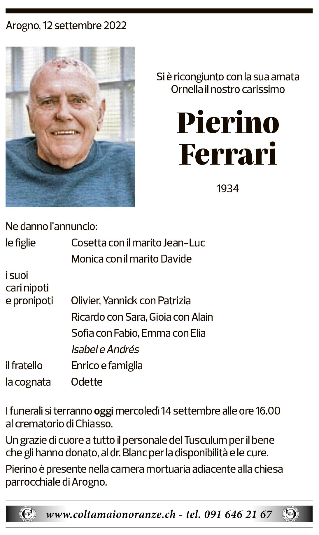 Annuncio funebre Pierino Ferrari