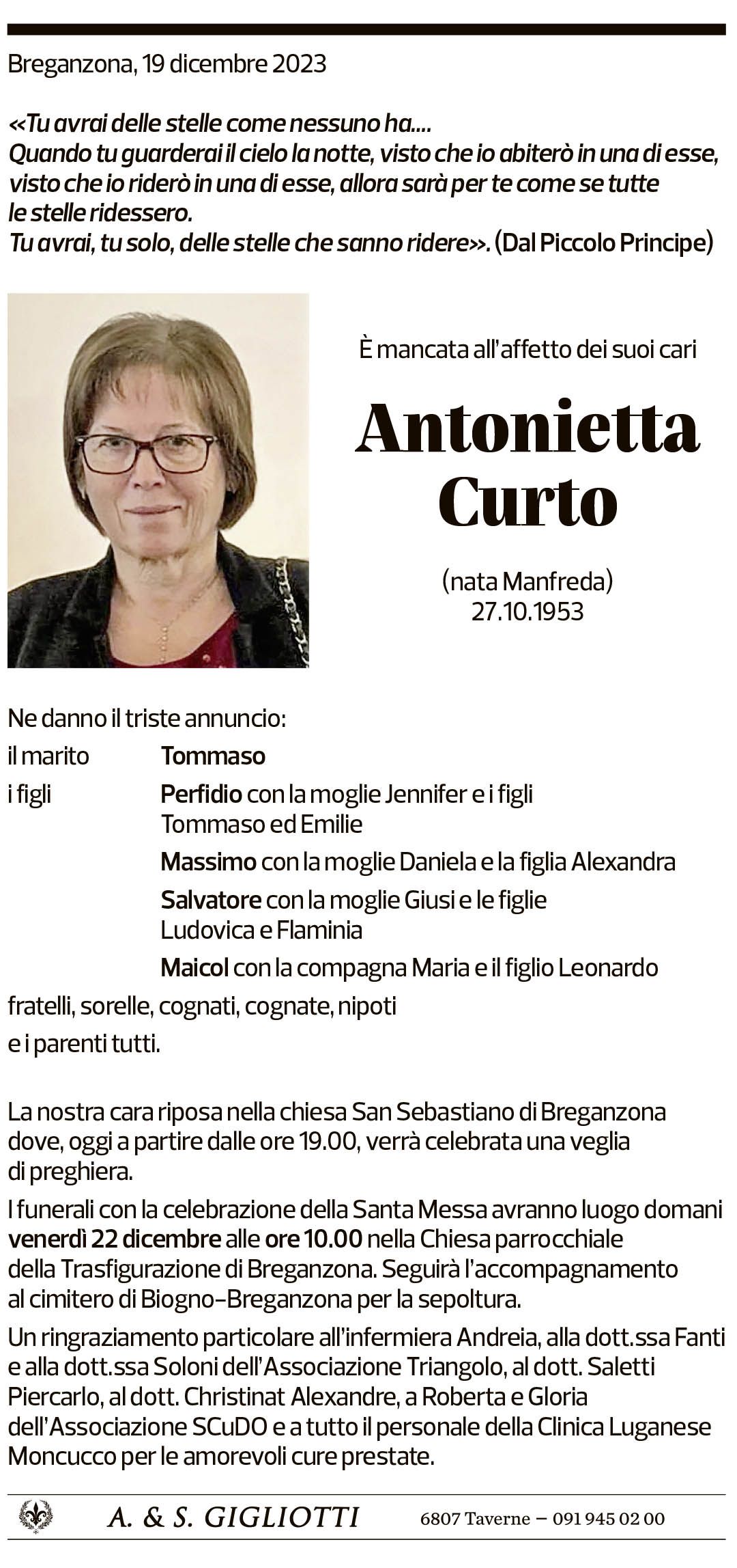 Annuncio funebre Antonietta Curto
