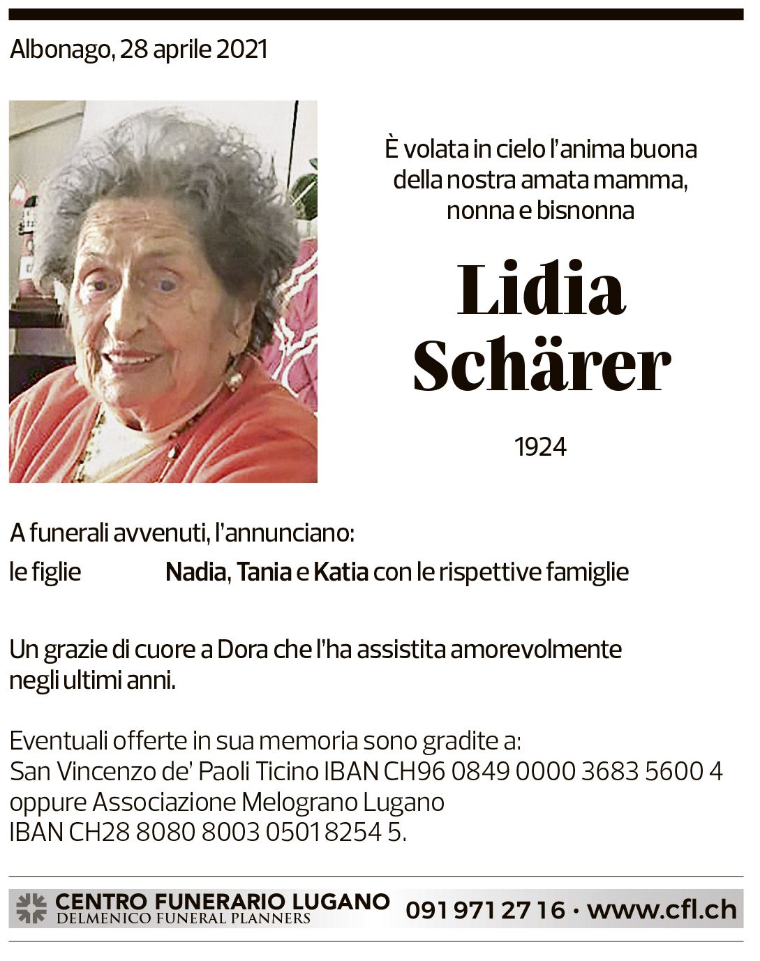 Annuncio funebre Lidia Schärer