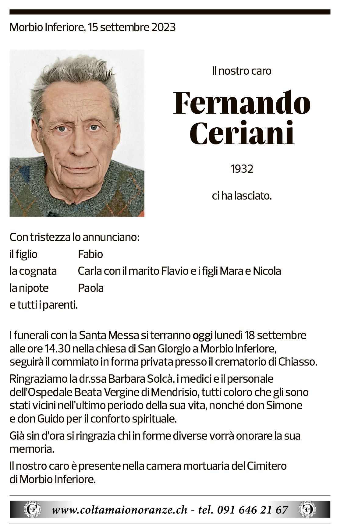 Annuncio funebre Fernando Ceriani