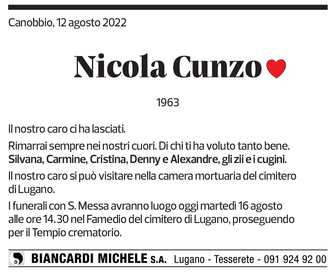 Annuncio funebre Nicola Cunzo