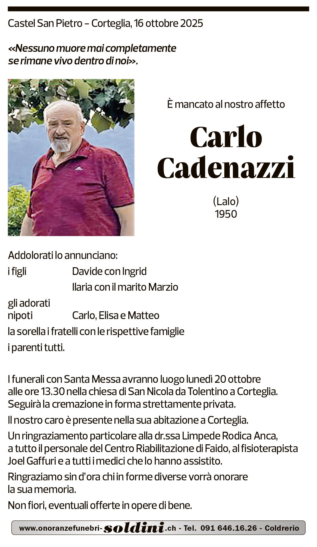 Annuncio funebre Carlo Cadenazzi