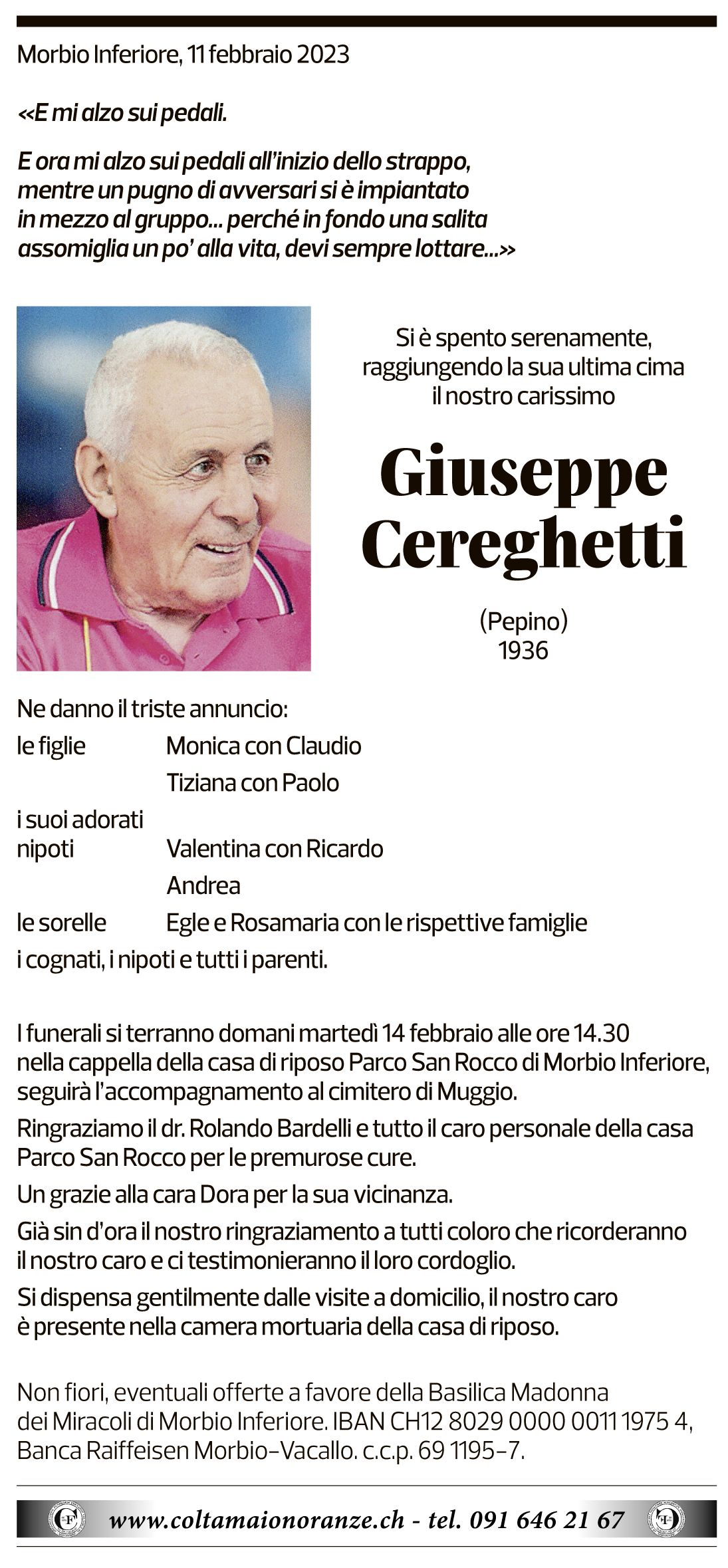 Annuncio funebre Giuseppe Cereghetti