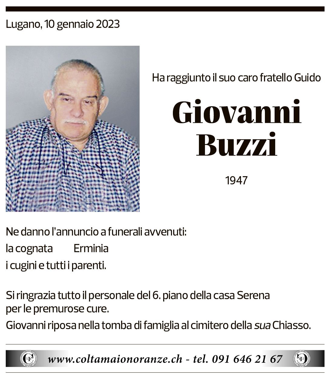 Annuncio funebre Giovanni Buzzi