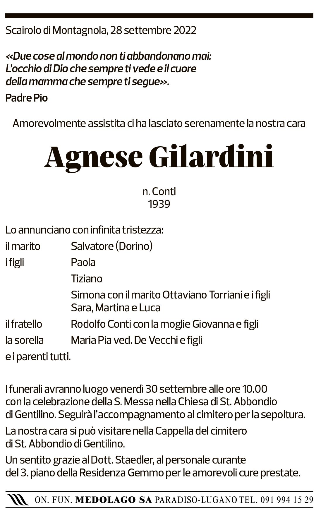 Annuncio funebre Agnese Gilardini