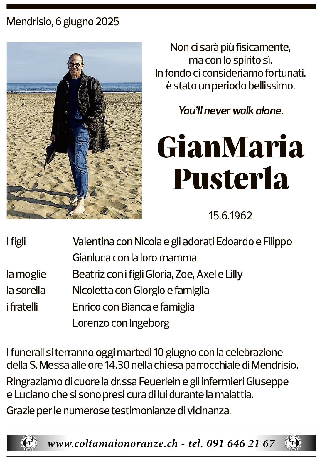 Annuncio funebre Gianmaria Pusterla