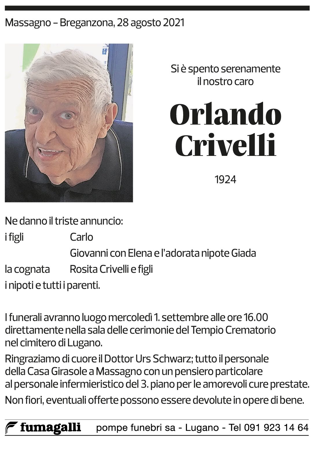 Annuncio funebre Orlando Crivelli