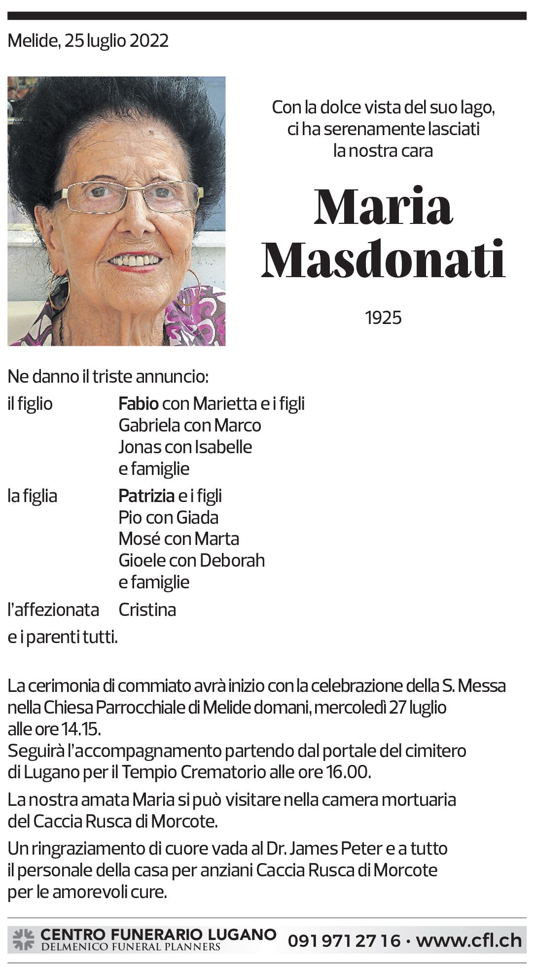 Annuncio funebre Maria Masdonati