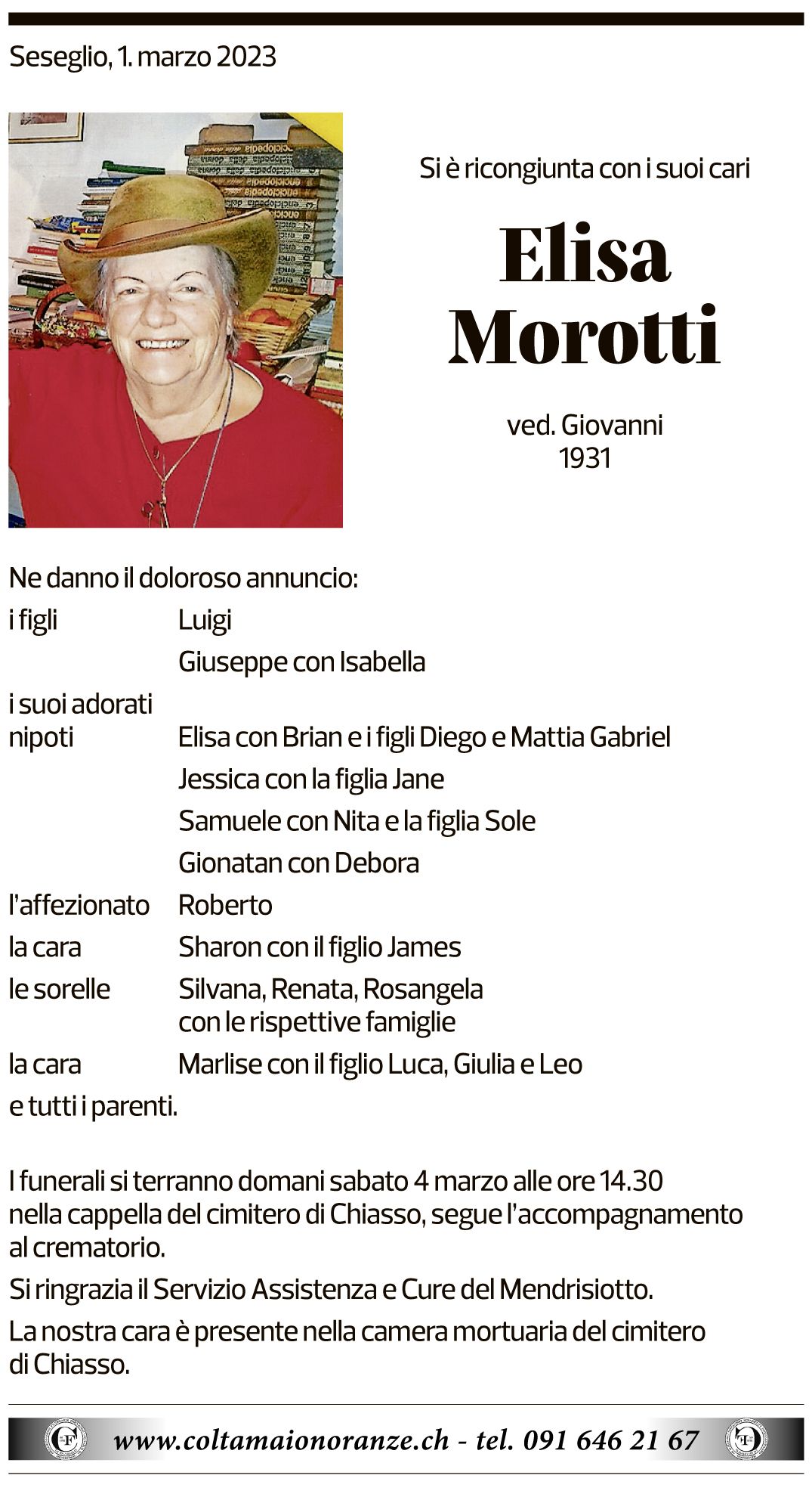 Annuncio funebre Elisa Morotti