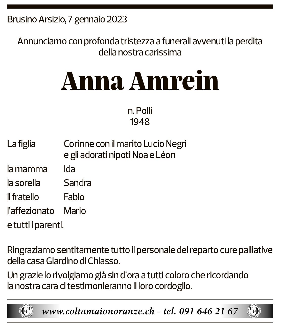 Annuncio funebre Anna Amrein