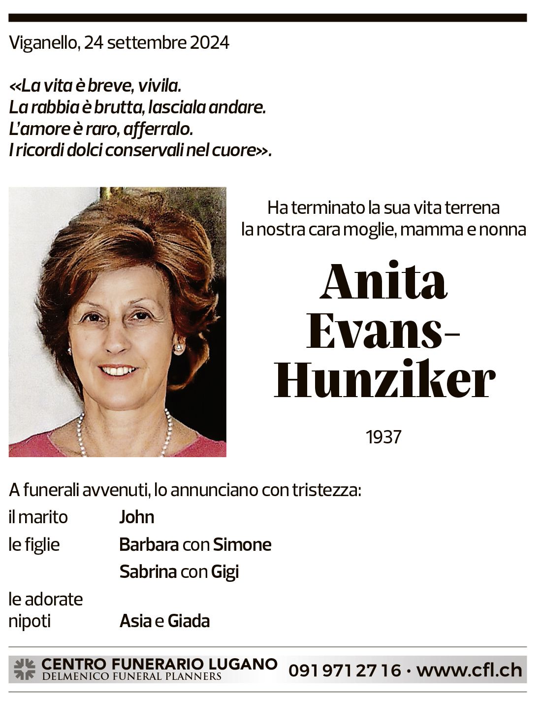 Annuncio funebre Anita Evans-hunziker