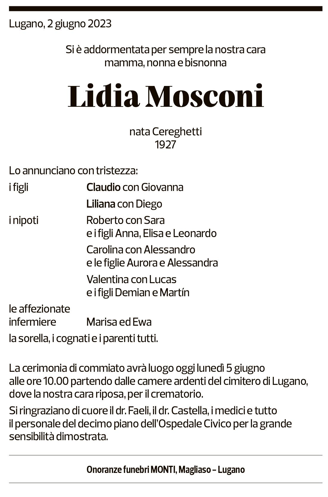 Annuncio funebre Lidia Mosconi